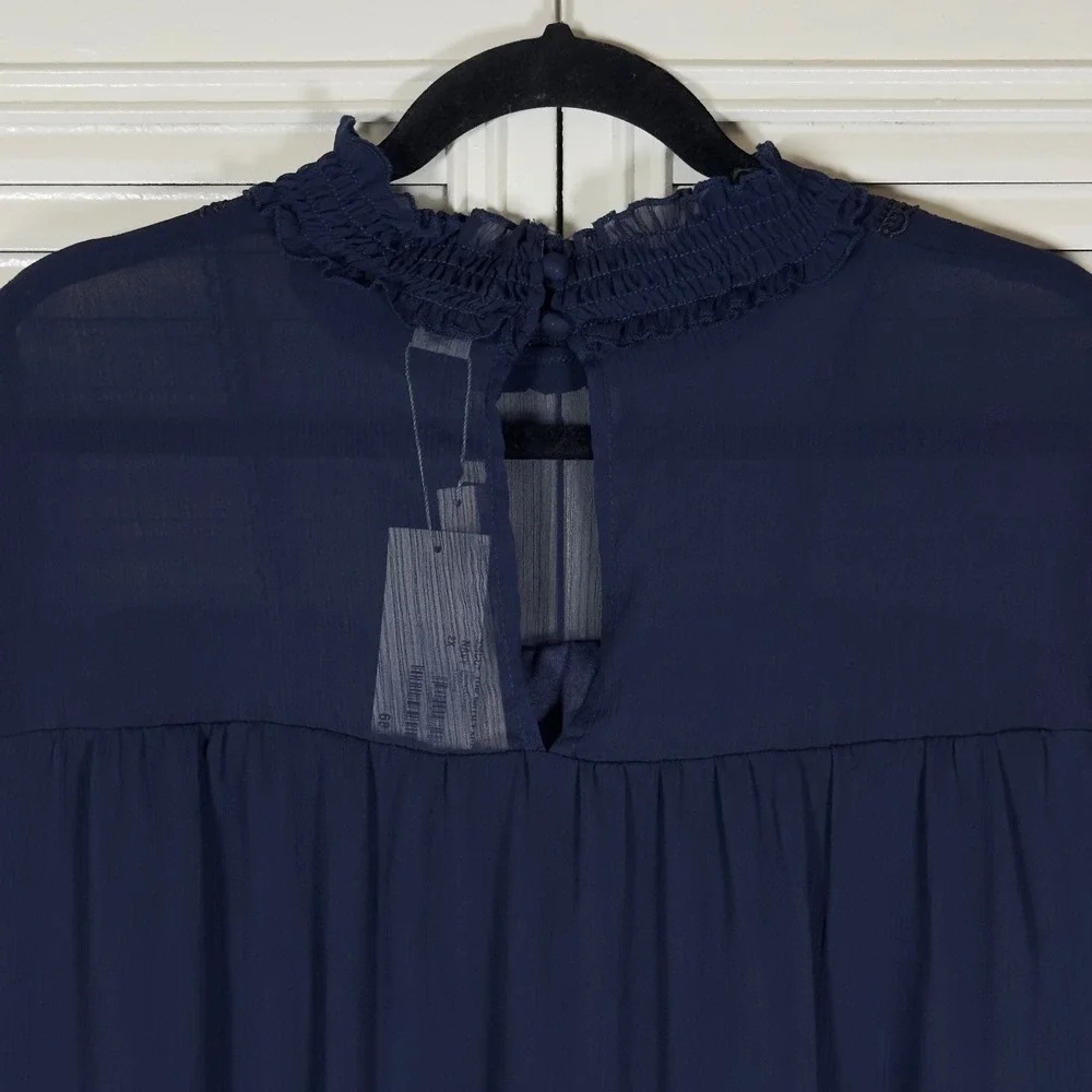 Lost Ink Navy Blue Ruffled Mock Neck Sheer Smock Top Size 2X‎